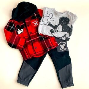 Red & Black Plaid Mickey Mouse Jacket, Gray Mickey Shirt, & Black Pants 2T